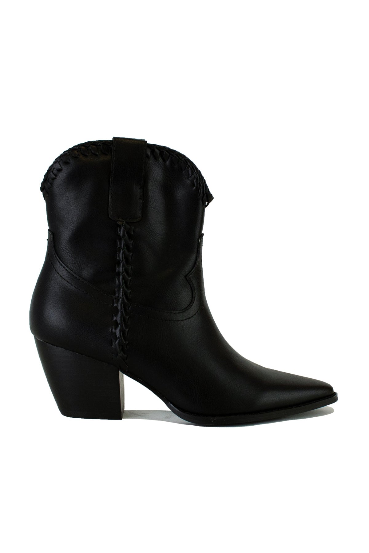 Chic western ankle boots ARISA-47 from Beast Fashion, featuring a classic black faux leather style. These ankle boots provide an edgy western look that fits perfectly into your all season wardrobe, making them a must-have for any fashion-forward individual.