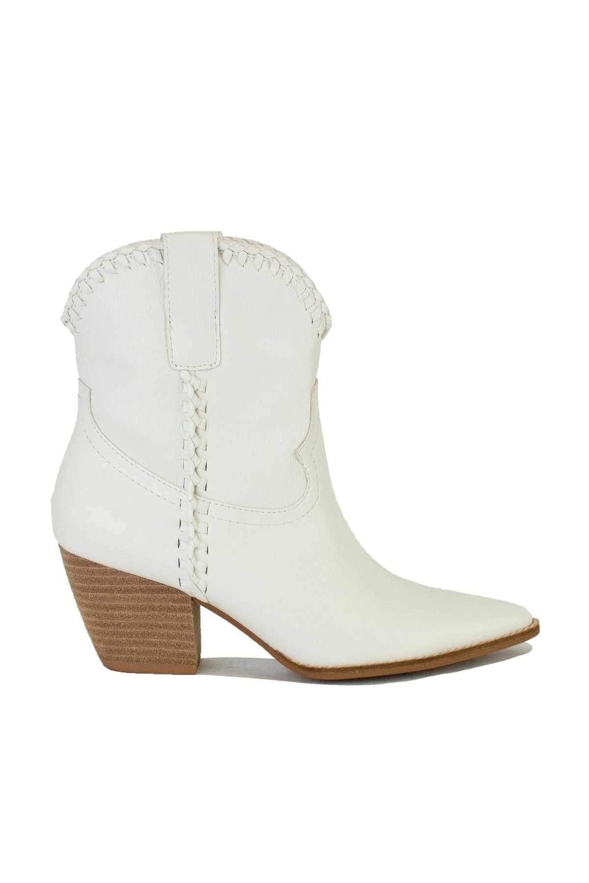 The elegant ARISA-47 western ankle boots by Beast Fashion in rustic brown, featuring stylish braided accents. These booties are perfect for all season wear and embody a classy western style, making them an essential addition to your new shoes.
