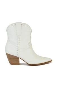 The elegant ARISA-47 western ankle boots by Beast Fashion in rustic brown, featuring stylish braided accents. These booties are perfect for all season wear and embody a classy western style, making them an essential addition to your new shoes.