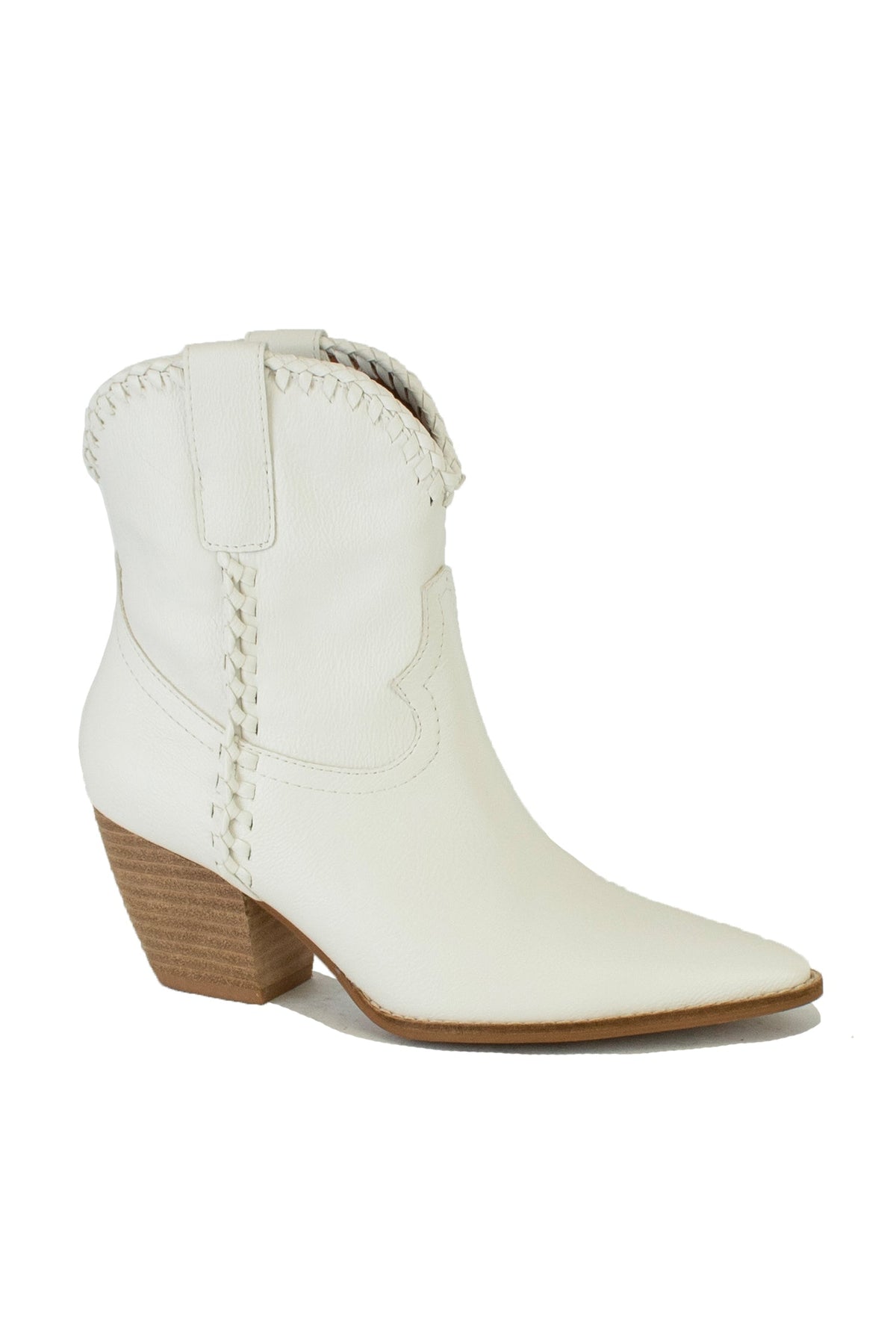Timeless ARISA-47 western ankle boots by Beast Fashion, designed in a beautiful white faux leather. These ankle booties offer a sleek western style while being suitable for all season wear, making them a delightful choice for your new shoes collection.