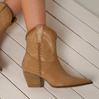 Showcasing the elegant western ankle boots ARISA-47 by Beast Fashion, highlighted with unique braided accents. These booties merge style and comfort, making them a versatile choice for all season wear and a great addition to your new shoes collection.