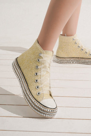 ASH-02 Platform Glitter Hi Top Sneakers by Beast Fashion featuring a glittery finish, perfect for summer parties and vacations. The stylish design is adorned with rhinestone details, ideal for wedding events and all-season wear. These sneakers combine comfort and glam, making them a trendy choice for festive outings.