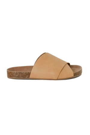 Side view of AVIANA-07 Cross-Strap Slide Sandals by Beast Fashion, showcasing their minimalist cross-strap design. These comfortable flat sandals are ideal for summer adventures, perfect for vacation wear with a supportive footbed, making them a great choice in slide sandals.