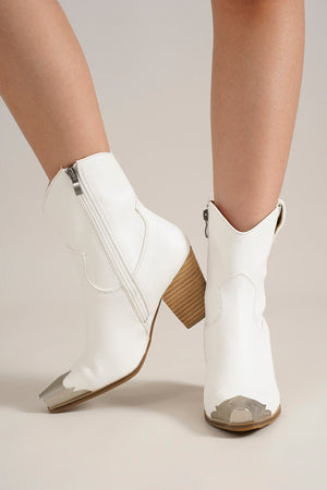 Stylish DAKOTA-01 Western Toe Cap Ankle Boots in white by Beast Fashion, featuring a sleek design and metal toe cap. Perfect for any occasion including parties and vacations. Ideal all season booties for summer or weddings and available in a sale. Keywords: western ankle boots, ankle boots, booties.