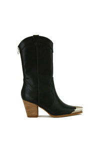 Sleek black Western metal-toe ankle boots by Beast Fashion, designed with a contemporary block heel and sophisticated flair, perfect for all seasons. Ideal choice for heeled boots lovers.