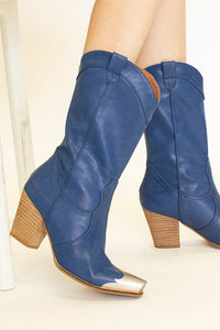 Trendy blue Western metal-toe ankle boots by Beast Fashion showcasing a modern touch with a block heel, great for adding flair to any outfit. Suitable for all seasons and perfect heeled boots.