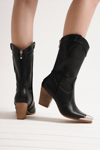 Stylish black Western metal-toe ankle boots by Beast Fashion, featuring a comfortable block heel and classic design, perfect for all seasons. Ideal heeled boots for any outfit.