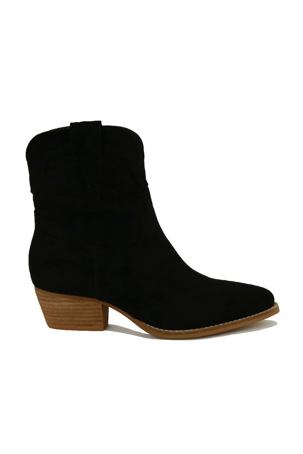 DALLAS-05-SU Suede Cowgirl Everyday Ankle Boot by Beast Fashion shown in a side view, emphasizing its western style boots silhouette. Ideal as heeled boots for all seasons, these ankle boots are perfect for casual wear.