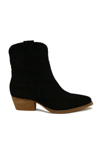 DALLAS-05-SU Suede Cowgirl Everyday Ankle Boot by Beast Fashion shown in a side view, emphasizing its western style boots silhouette. Ideal as heeled boots for all seasons, these ankle boots are perfect for casual wear.