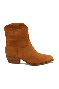 DALLAS-05-SU Suede Cowgirl Everyday Ankle Boot by Beast Fashion, displayed in a warm orange shade. These western style boots offer a blend of comfort and style, ideal for heeled boots lovers looking for versatile footwear for any occasion.