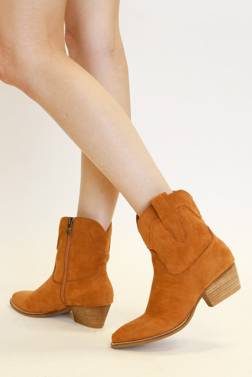 Stylish DALLAS-05-SU Suede Cowgirl Everyday Ankle Boot by Beast Fashion in a warm orange hue, showcasing a modern take on western style boots. These all-season ankle boots are perfect as everyday booties, featuring a comfortable heel and classic cowgirl design.