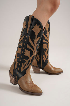 Chic GLENDA-16 Floral Western Boots by Beast Fashion showcased in a black and tan color scheme, designed for a fashionable cowgirl look. These floral western boots are perfect for summer outings and festive occasions. Boots, Cowgirl, EASTER, NEW ARRIVAL, New Shoes, SPRING, SUMMER, VACATION.