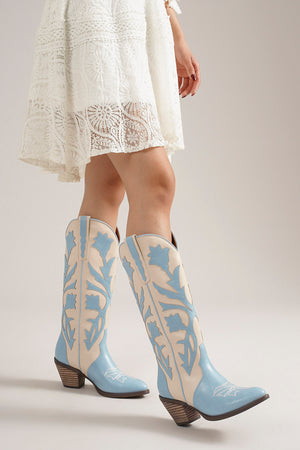 Stylish GLENDA-16 Floral Western Boots by Beast Fashion featured in a light blue and beige design, ideal for spring and summer cowgirl outfits. Perfect for vacation wear, these new arrivals blend floral elements with a trendy aesthetic. Boots, Cowgirl, EASTER, NEW ARRIVAL, New Shoes, SPRING, SUMMER, VACATION.