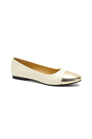 KOLE-07 Cap-Toe Ballet Flats by Beast Fashion in cream and gold, perfect for parties, school, vacations, and weddings. Stylish and comfortable cap toe ballet flats.