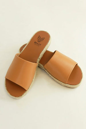 Beast Fashion MELANIE-05 Slip-On Espadrille Slides in tan color, featuring smooth upper and jute midsole, perfect summer sandals for a laid-back vacation style. Espadrille, Sale Shoes, Sandals, Slide Sandals, SUMMER, VACATION.