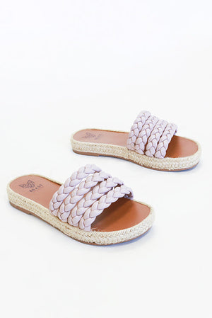 MELANIE-06 Braided Slide Espadrilles by Beast Fashion feature a stylish braided design in lilac, perfect for summer outings. Ideal flats for vacation, these espadrilles make great slide sandals and are a must-have for your summer sale shoes.