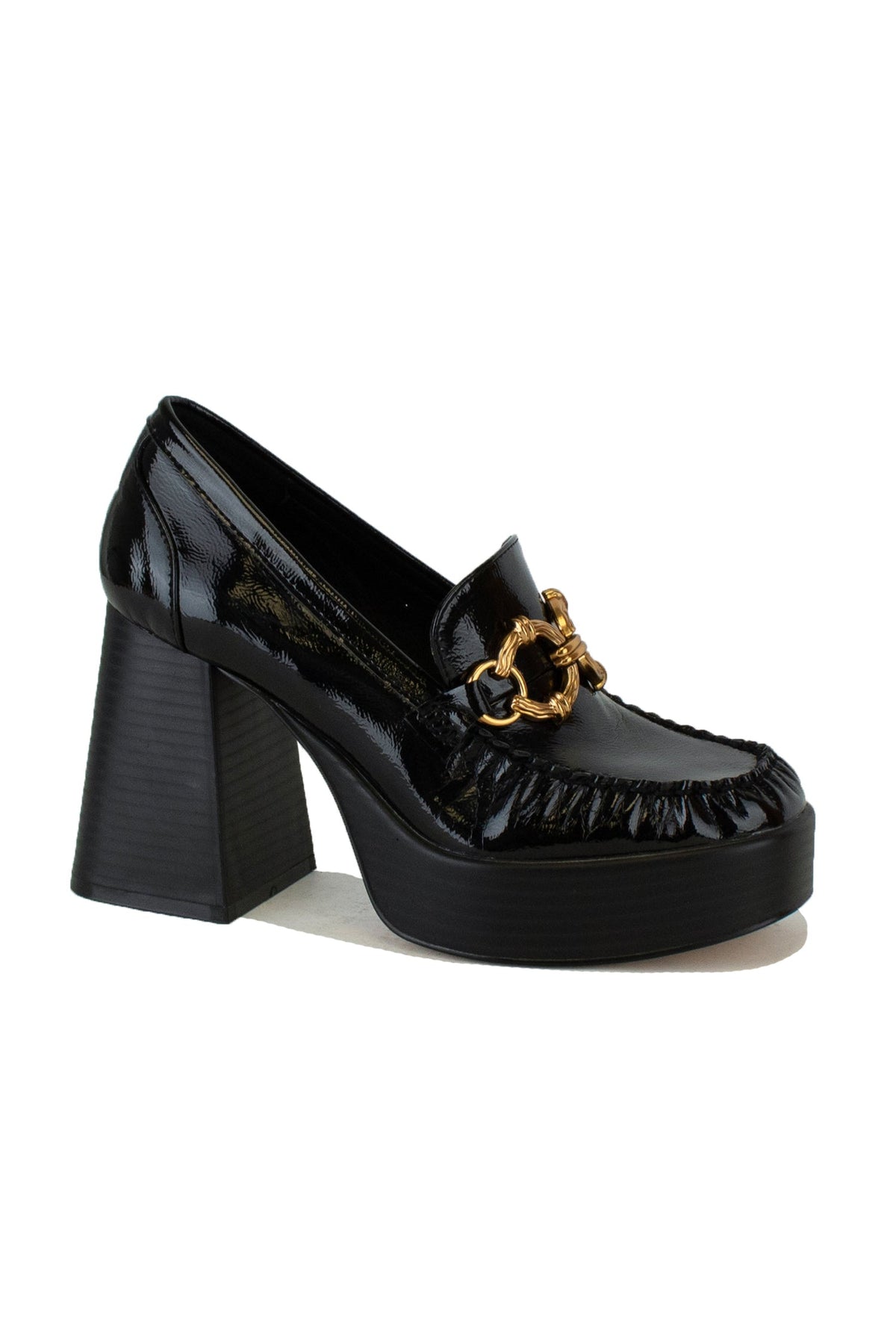 Fashion-forward MOANA-01 chunky heel loafers by Beast Fashion in black, making a bold statement with their patent design, perfect for trendy outfits. Heels, Platforms, Sale Shoes.