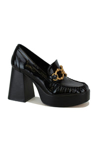 Fashion-forward MOANA-01 chunky heel loafers by Beast Fashion in black, making a bold statement with their patent design, perfect for trendy outfits. Heels, Platforms, Sale Shoes.