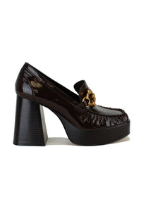 Trendy MOANA-01 chunky heel loafers by Beast Fashion in deep burgundy, featuring an elegant patent finish for a refined look. Perfect for platforms and chic style. Heels, Platforms, Sale Shoes.