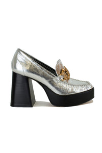 Shiny MOANA-01 chunky heel loafers by Beast Fashion in silver, showcasing a modern design ideal for statement outfits. Perfect platforms for a stylish flair. Heels, Platforms, Sale Shoes.