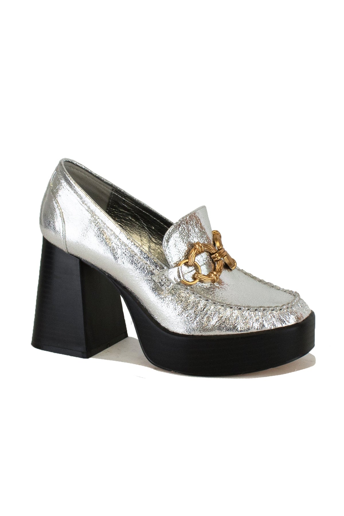 Glamorous MOANA-01 chunky heel loafers by Beast Fashion in metallic silver, excellent for making a chic fashion statement with a stylish platform. Heels, Platforms, Sale Shoes.