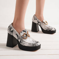Chic MOANA-01 chunky heel loafers by Beast Fashion in snake print, designed for comfort and style with a bold look. Perfect as platform loafers for trendy occasions. Heels, Platforms, Sale Shoes.