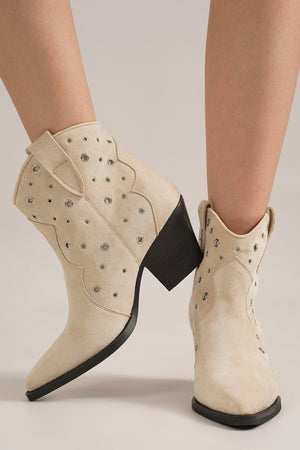 VACA-09 Women's Western Studded Suede Ankle Boots by Beast Fashion featuring beige suede with decorative metal studs, ideal for summer vacations, new arrivals in ankle boots, booties for the cowgirl look, perfect for casual outings.