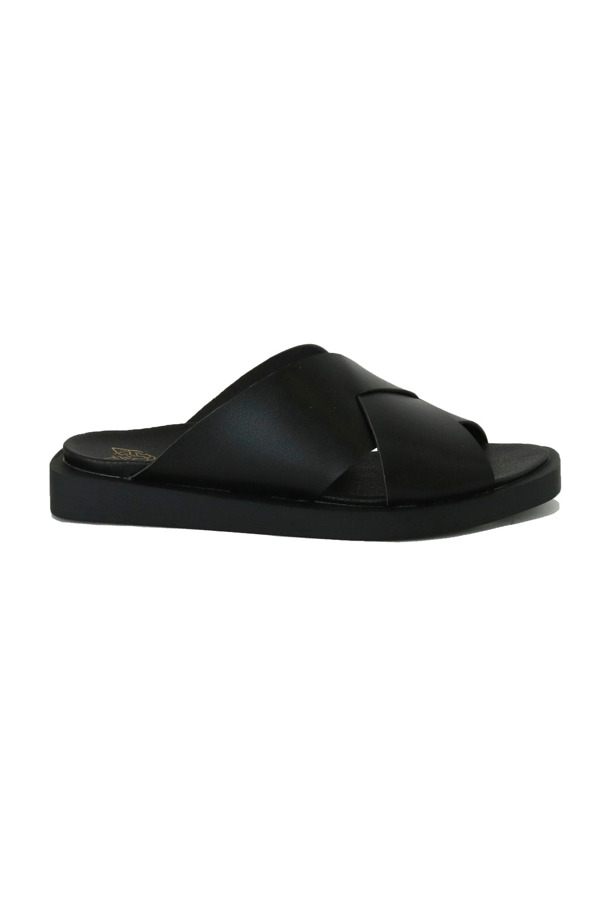 Side view of VICENTE-09 Crisscross Flat Sandals by Beast Fashion in black. These comfortable sandals feature a stylish crisscross design, making them a perfect choice for summer outings and casual vacation wear.