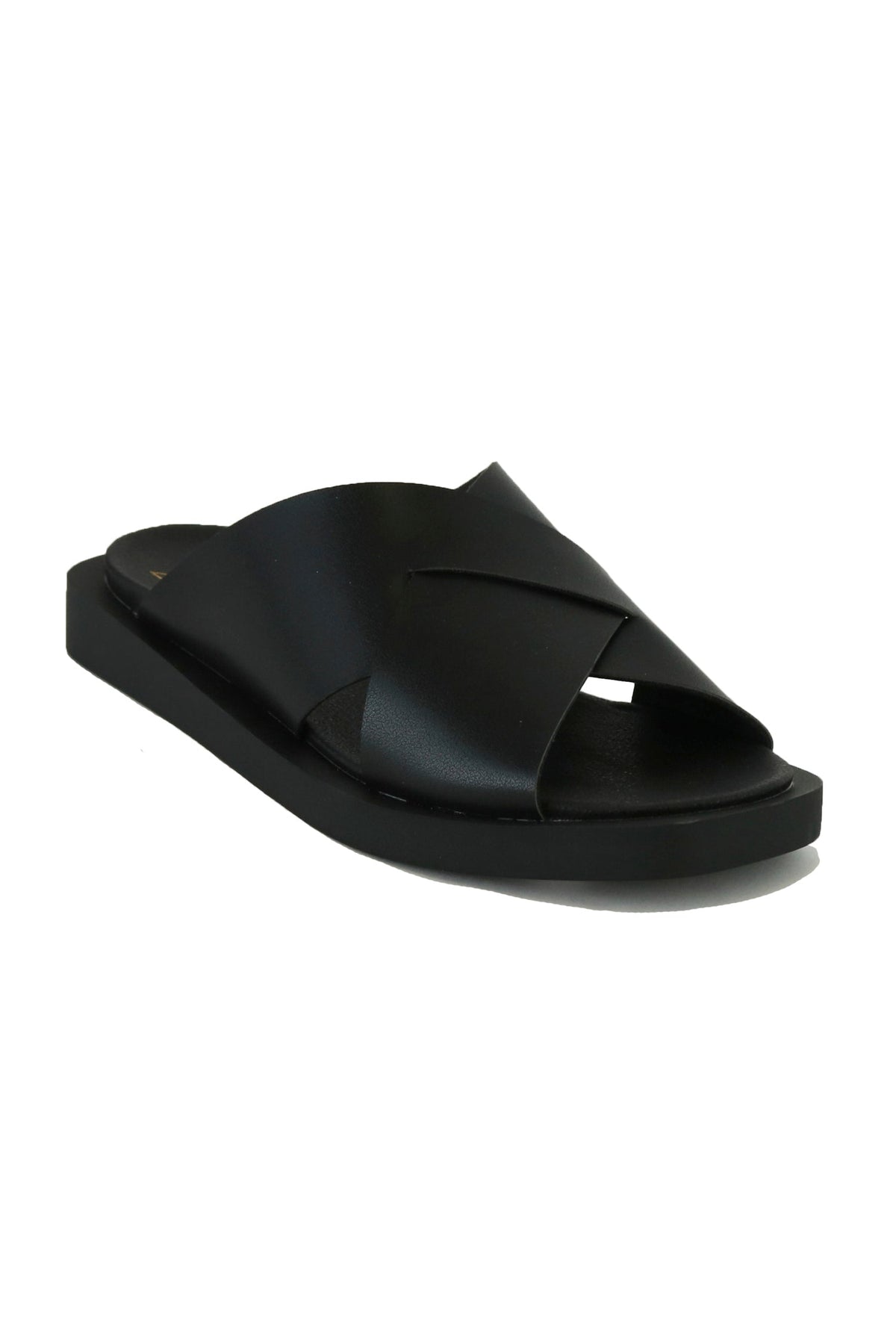 Another angle of VICENTE-09 Crisscross Flat Sandals by Beast Fashion in black. These slide sandals are designed with a soft footbed, making them ideal for summer vacations and all-day wear.