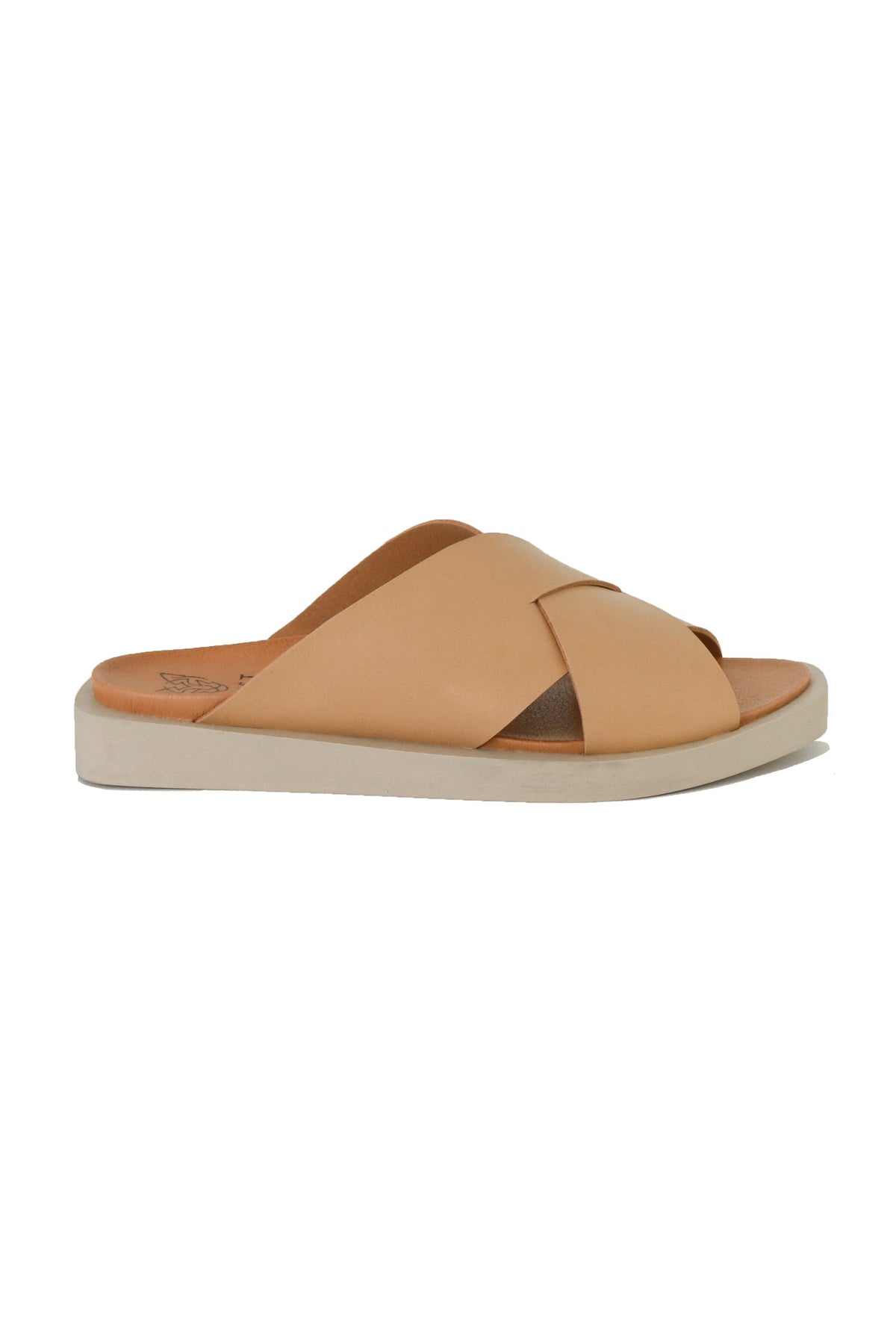 Profile view of VICENTE-09 Crisscross Flat Sandals by Beast Fashion in beige. These stylish sandals are perfect for summer vacations with cushioned footbeds for comfort on casual outings.