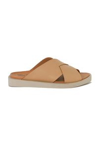 Profile view of VICENTE-09 Crisscross Flat Sandals by Beast Fashion in beige. These stylish sandals are perfect for summer vacations with cushioned footbeds for comfort on casual outings.