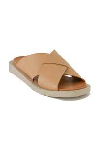 Side view of VICENTE-09 Crisscross Flat Sandals by Beast Fashion showcasing a soft beige color. Designed for summer fun, these flat sandals feature a cushioned footbed for ultimate comfort.