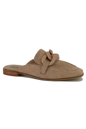 Beast Fashion's SHEENA-08 chain detail loafers in taupe. Stylish flat mules designed for comfort, perfect for summer vacations. Ideal sale shoes for a casual look.