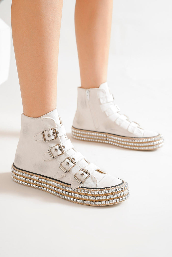 Buckle High-Top Sneakers ASH-16 by Beast Fashion, stylish white high-top sneakers featuring multi-buckle straps and a studded platform sole, perfect for all season, NEW ARRIVAL, New Shoes, Party, Sale Shoes, Sneakers.