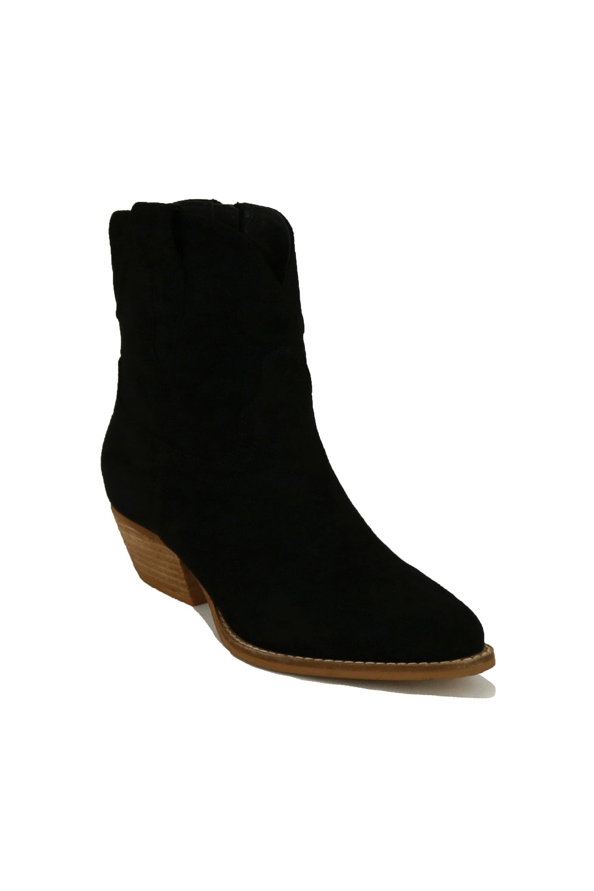 Chic DALLAS-05-SU Suede Cowgirl Everyday Ankle Boot by Beast Fashion in elegant black, suitable for any occasion. A perfect representation of western style boots, these everyday booties are heeled for added flair and comfort.