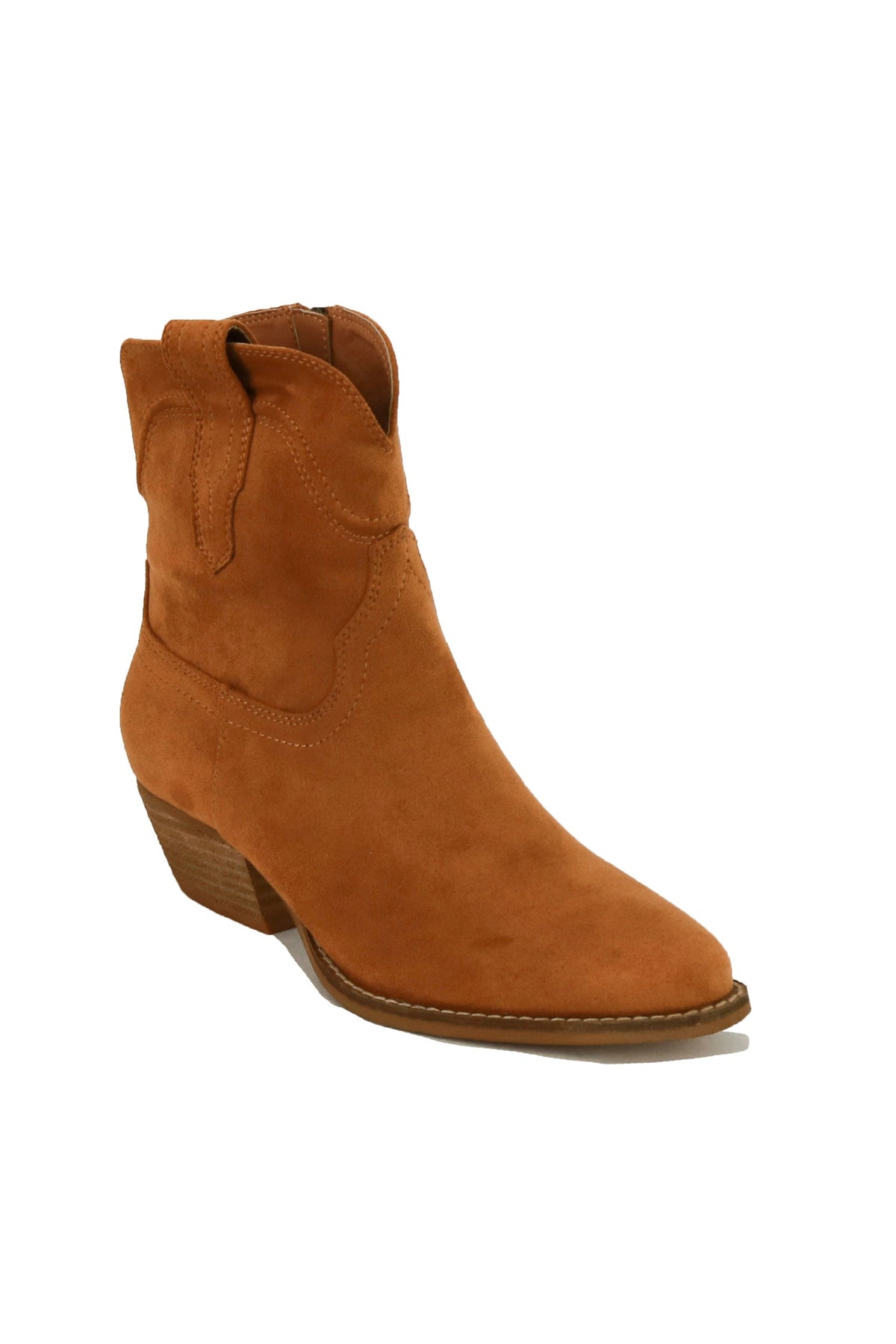 Close-up view of the DALLAS-05-SU Suede Cowgirl Everyday Ankle Boot by Beast Fashion, featuring a classic design perfect for western style boots lovers. These everyday booties provide comfort and style, making them a great addition to casual outfits.