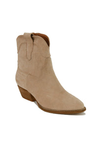 DALLAS-05-SU Suede Cowgirl Everyday Ankle Boot by Beast Fashion, showcased in a fashionable taupe color. A must-have in western style boots, these ankle boots are perfect for everyday use, offering both comfort and chic style.