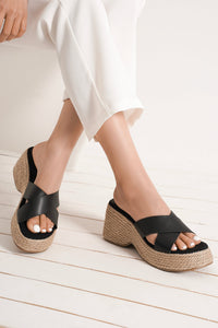 Black espadrille platform sandals JADIA-01 by Beast Fashion offer a chic look while being comfortable summer sandals. With their cushioned footbed and flatform design, these wedges are perfect for casual outings in SPRING and SUMMER.