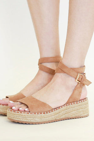 Beast Fashion EVERLY-12 espadrille platform sandals in tan color, featuring a stylish ankle wrap, perfect for summer vacations. Ideal espadrille, sale shoes for casual occasions.