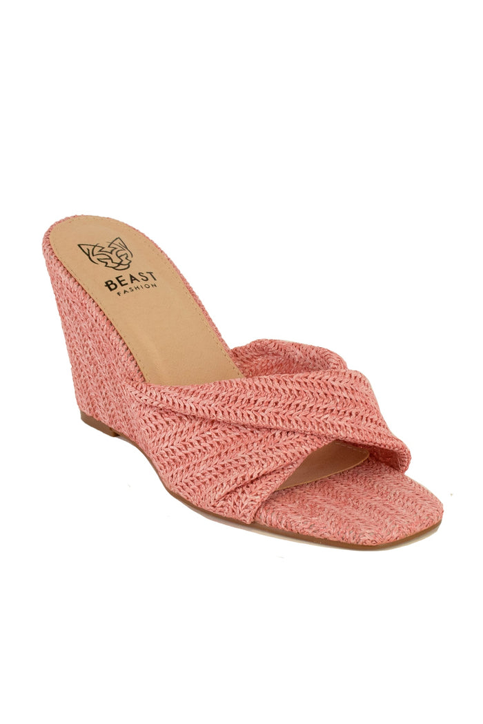Beast Fashion JOVIE-01 Woven Wedge Slide, stylish woven sandals featuring a charming woven design perfect for summer vacations. Espadrille style with a comfortable wedge heel, ideal for summer outings.