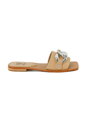 LANA-01 Chain Detail Flat Sandals by beastfashionla showcasing a side view in nude color with a bold metallic chain accent.