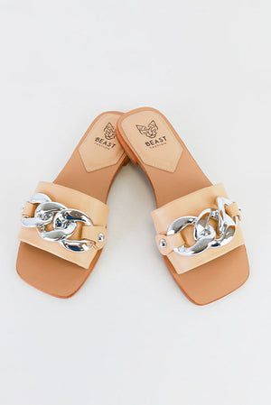 LANA-01 Chain Detail Flat Sandals by beastfashionla in nude color with oversized metallic chain detail on the upper.
