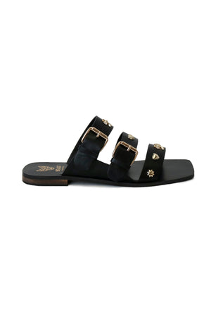 LANA-02 Studded Flat Sandals by Beast Fashion in black color, showcasing stylish buckle details and stud accents. Ideal for summer outings, these flats are a chic choice for vacation wear.