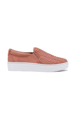 Side view of LUKE-03 slip-on platform sneakers by Beast Fashion in blush, showcasing a sleek design and woven texture. Sneakers.