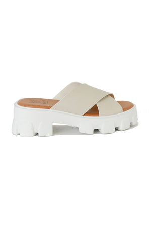 Beast Fashion MACY-03 Chunky Platform Sandals in beige, showcasing a fashionable cross-strap design, suitable for summer adventures, casual outings, flat sandals or slide sandals available at a great price!