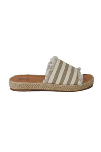 Comfortable striped espadrille slides MELANIE-01 by Beast Fashion, featuring a classic design with frayed detailing. A versatile addition to your summer wardrobe, these slide sandals are perfect for a relaxed vacation vibe.