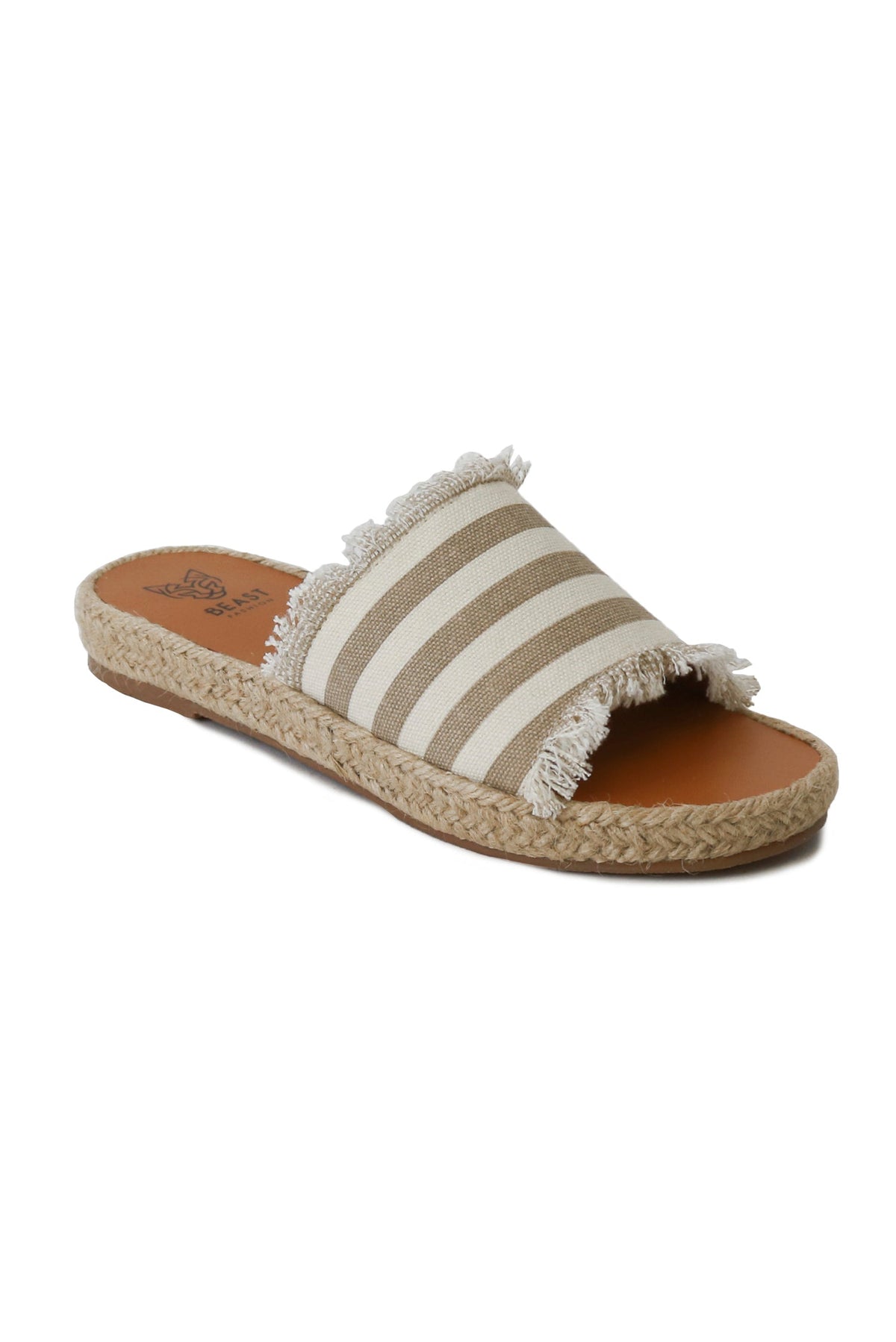 Casual striped espadrille slides MELANIE-01 by Beast Fashion, incorporating a fresh striped pattern and frayed edges. These espadrille sandals are great for summer days at the beach or any casual outdoor activity.