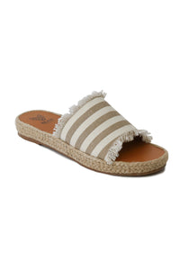 Casual striped espadrille slides MELANIE-01 by Beast Fashion, incorporating a fresh striped pattern and frayed edges. These espadrille sandals are great for summer days at the beach or any casual outdoor activity.