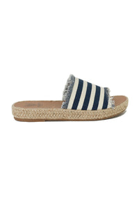 Trendy striped espadrille slides MELANIE-01 by Beast Fashion, showcasing a relaxed frayed edge. Ideal for sunny days and vacation adventures, these espadrille sandals are essential slide sandals for your summer wardrobe.