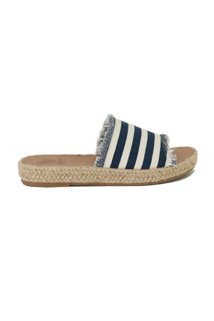 Trendy striped espadrille slides MELANIE-01 by Beast Fashion, showcasing a relaxed frayed edge. Ideal for sunny days and vacation adventures, these espadrille sandals are essential slide sandals for your summer wardrobe.
